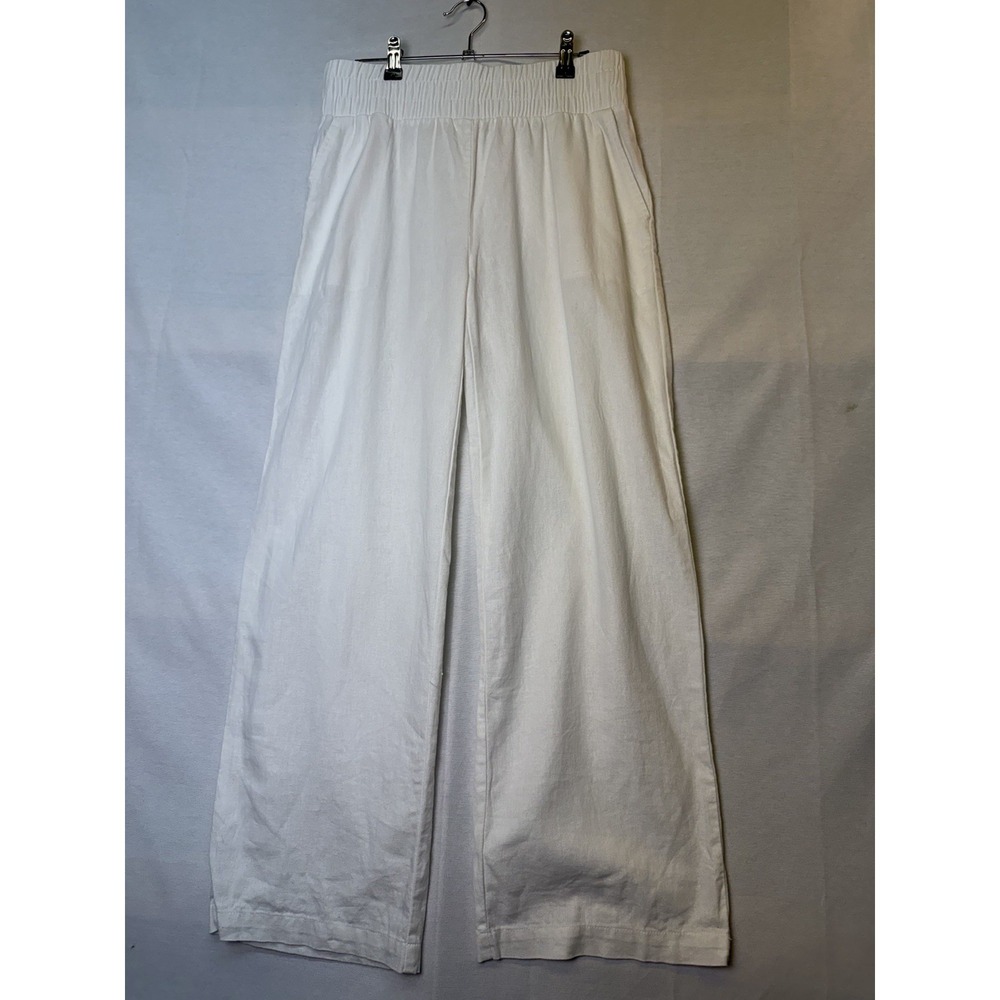 Land n' Sea White Wide-Leg Linen Blend Pants Size Small Elastic Waist &‎ Pockets